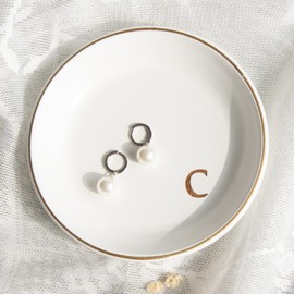 COLLECTIVE HOME - Wood Jewelry Tray, Decorative Monogram Trinket Dish for Rings Earrings Necklaces Bracelet Watch Keys, Birthday Mother's Day Christmas Gift for Women, 4.75" (c)