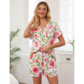 ENJOYNIGHT Womens Pajama Set Cotton Summer Pj Shorts Button Down Sleepwear with Pockets (X-Large, Pink Floral)