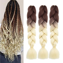3 Packs Braids Extensions Brown Blonde Jumbo Braids Kanekalon Synthetic Hair for Braiding Ombre Braiding Hair Extensions (24 inches, Brown-Blonde)