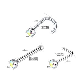 BLISI 6pcs 18G 20G Nose Rings Titanium Nose Piercings Screw with Crystal Stone for Women Nose Rings L-Shaped Nose Studs Set for Women Men (6PCS Set 3, 20G 6.5X2)
