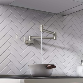 KIBI Circular Pot Filler Faucet | Wall Mount Kitchen Faucet | Solid Brass, 360 Degree Swivel, Single Handle, Hot and Cold Water | Kitchen and Bar Use | Brushed Nickel Finish (KPF601)