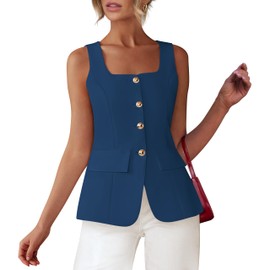 BTFBM Womens Sleeveless Suit Vests Dressy Casual Square Neck Business Work Waistcoat Summer Button Up Blazer Vest Tops(Dark Blue, Medium)