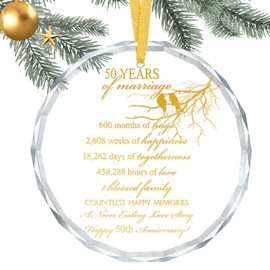 Sieral 50th Wedding for Parents Couple 50 Years of Marriage Anniversary Ornament Crystal Keepsake Christmas Tree Hanging Decorations Golden with Ribbon and Flannel Bag