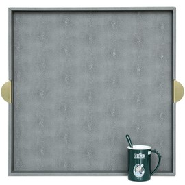 HofferRuffer Extra Large Square Serving Tray, Elegant Faux Leather Ottoman Tray with Gold Hardware Handles, Serve Tea, Coffee or Breakfast in Bed, 23.6 x 23.6 inches (Large Square)