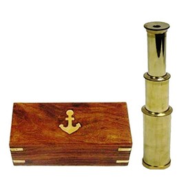 9" Handheld Brass Telescope Nautical Pirate Spy Glass with Anchor Wood Box Rustic Vintage Home Decor Gifts