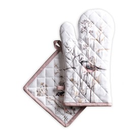 Maison d' Hermine Oven Mitt & Pot Holder 100% Cotton Heat Resistant Kitchen Easter Oven Mitt (19cm x 33cm) & Pot Holder (20cm x 20cm) for Restaurants, Wedding, Meadow Florals - Brown - Spring/Summer