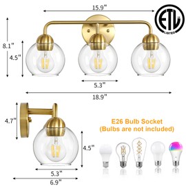 XIYOUVE Gold Bathroom Light Fixtures Vanity Lights for Bathroom 3 Lights Wall Sconces Lighting Brushed Brass Lights with Clear Globe Bath Wall Light for Mirror Kitchen Bedroom Hallway