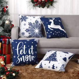 CAROMIO Christmas Decorations Velvet Pillow Covers 18x18 Inch Set of 4 Farmhouse Outdoor Decorative Pillows Winter Holiday Decor Snowflake Xmas Tree Deer Throw Cushion Covers for Sofa Couch, Blue