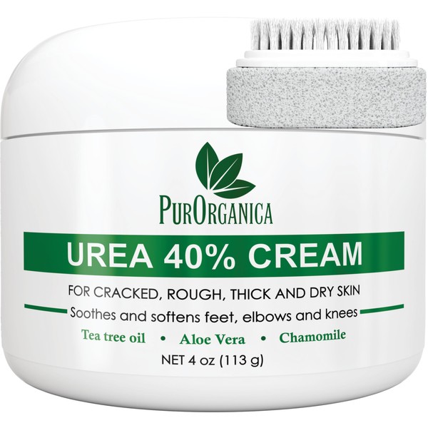 PurOrganica Urea 40% Foot Cream - Made in USA - Callus Remover - Moisturizes & Rehydrates Thick, Cracked, Rough, Dead & Dry Skin - For Feet, Elbows and Hands - With Pumice Stone and Brush