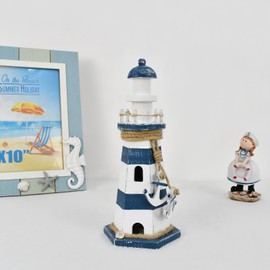 Wooden Lighthouse Decoration with Lights Nautical Tabletop Centerpiece Decorative Tower Light Ocean Beach Themed Sculpture Indoor Outdoor Wood Coastal Decor for Party Mantel Table (10.2"H Blue)