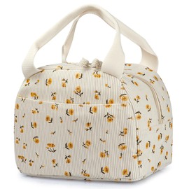 WOPIPAL Cute Insulated Lunch Bag, Small Corduroy Cooler Lunch Box for Women and Men Large Tote Lunchbox for Work/Picnic/Travel (Corduroy Yellow Floral)