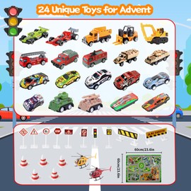 Advent Calendar 2024, Aadvent Calendar 2024 Kids, Car Advent Calendar 2024 with Diecast Cars Vehicles Construction Sites Trucks Alloy Toys, 24 Days Christmas Countdown Calendar for Boys Party Gifts