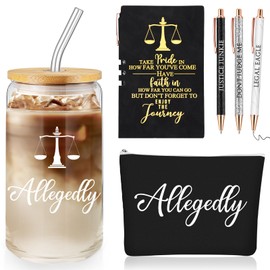 Domensi 6 Pcs Funny Allegedly Lawyer Gift for Women 2025 Graduation Judge Thank You Gift 16 oz Glass Cup Tumbler Makeup Bag Notepad Ballpoint for Paralegal Attorney Law Student Appreciation(Black)