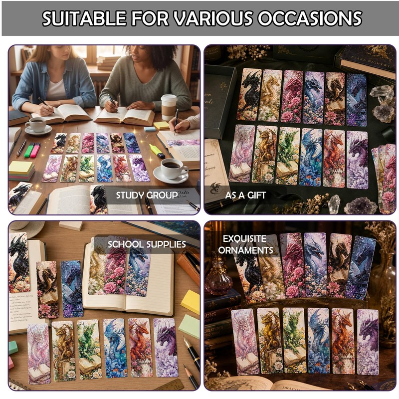 Zaamwoyy 48Pcs Floral Dragon Bookmarks, Fantasy Paper Bookmark Set with