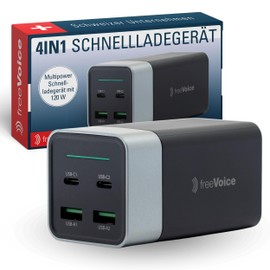 freeVoice Multipower Fast Charger 120 W I USB-C Power Supply for Socket I 2 USB-A & 2 USB-C Ports I 4 in 1 Charger for Smartphone, Laptop & Tablet I Multiple Charging Station I GaN Charger