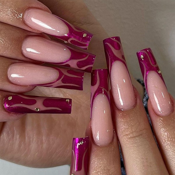 NICENEEDED 24 Pcs Long Coffin False Nails, French Tip Aurora