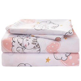 Yibeizi Cat Full Sheet Set for Girls, Kids Cute Pink Heart Bedsheet Microfiber Deep Pocket Bedding Sheets & Pillowcases 4 Pieces