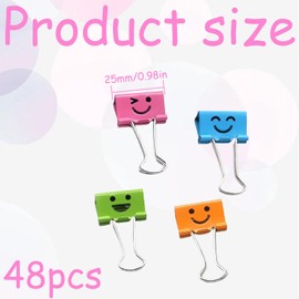 Pack of 48 Coloured Paper Clips with Cute Smiling Face, Foldback Clips, Metal Binder Clips, Binder Clips, Document Clips, for Stationery Paper, Office Supplies