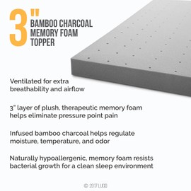 Lucid 3 Inch Ventilated Bamboo Charcoal Memory Foam Mattress Topper, CertiPUR-US Certified, Moisture and Odor Control-Full