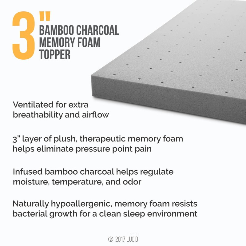 Lucid 3 Inch Ventilated Bamboo Charcoal Memory Foam Mattress Topper,
