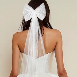 JEWEKY Light Up Hair Bow Veil Glow White Tulle Bowknot Hair Clips Wedding Bridal Hair Accessories for Women
