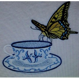 Blue Willow Tea Cup & Monarch Butterfly Spring Embroidered Hand Towel Set