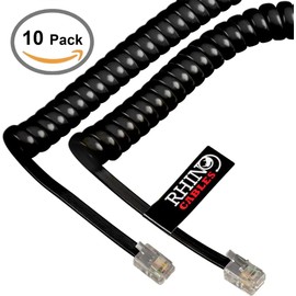 rhinocables RJ10 Coiled Black Phone Cable for Corded Handset Telephones Curly Spring Cord for Home and Office, BT Landline (10, 2m)