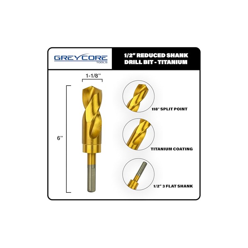 Greycore Tools 1-1/8 Inch Reduced Shank Drill Bit, 1/2" 3-Flat