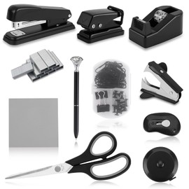 Black Desk Accessory Kit Cute Office Supplies Set Desktop Stapler Set Includes Staple Remover Hole Punch Tape Dispenser Ballpoint Pen Scissor Mini Box Cutter Tape Measure Paper Clips Sticky Notes