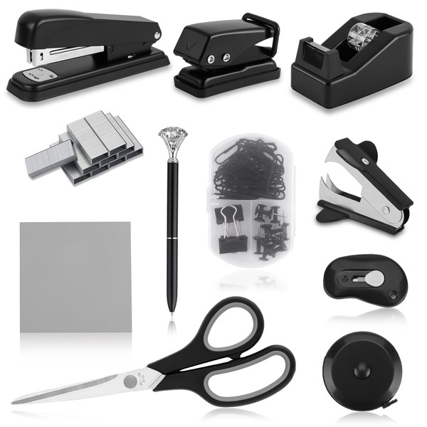 Black Desk Accessory Kit Cute Office Supplies Set Desktop Stapler