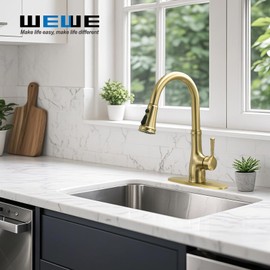 WEWE Vintage Kitchen Faucet with Pull Down Sprayer, Stainless Steel 1 or 3 Hole High Arc Single Handle Antique Sink Faucet for Classic Modern Ktichen, Gold
