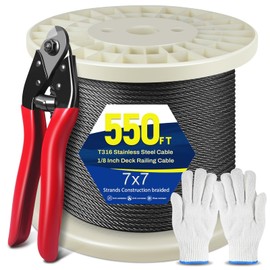 550FT 1/8" Black Stainless Steel Cable,T316 Wire Rope Cable for Deck Cable Railing Kit, Black Stainless Steel Cable Railing with Cutter, 7x7 Strands Construction Braided Stainless Wire with Cutter