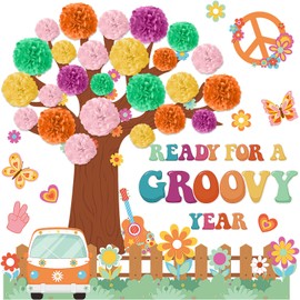Pajean 83 Pcs Boho Classroom Tree Bulletin Board Set Groovy Hippie Daisy Cutouts 3D Paper Pom Poms Motivational Educational Welcome Class Decor for Elementary Preschool Back to School Wall Decor