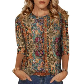 Zeagoo Tops For Women's Crew Neck 3/4 Sleeve Loose Fit Boho Casual Blouse Summer Fall Fashion Tunic Tops 2025 Boho Print