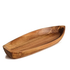 CAMLOT Lucky Boat Serving Tray, Acacia Solid Wood Boat Shape Plate for Serving Desserts, Fruit, Snack and Seafood or House Ornament,Key Tray,Functional and Storage Decorative Bowl。 (Lucky Boat (L))