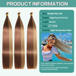 Locescsoc 24 Inch Straight Hair Extensions 150g 3 Packs Bone Straight Braiding Hair, 27/30 Ariel Straight Ponytail Hair Bundles, Ombre Soft Synthetic Crochet Box Braids for Women(27/30, 24 Inch)