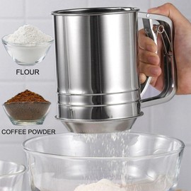 Flour Sifter 3 Cup Flour Sifter for Baking Stainless Steel Double Layers Sifter, 3 in1 Sifter for Baking Hand Press Design, Flour Strainer