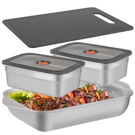 4 Pcs Grill Prep Trays Set Stainless Steel Grilling Prep And Serve Trays 2 Marinade Container with Lids and Cutting Board for Vegetables, Fish, Plating Food & BBQ Prep Tub