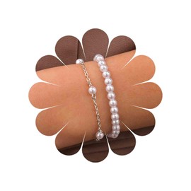 Inateannal Boho Layered Pearl Bracelet Silver Freshwater Pearl Bracelet Pearl Bead Chain Bracelet Pearl Stretch Bracelets Pearl Satellite Hand Chain Minimalist Peral Beaded Bracelet