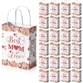24 Pcs Mother's Gift Bags Happy Mother's Day Candy Bags with Handles Purple Floral Design Paper Gift Pouch for Women Valentine Anniversary Birthday Party Goodies Treat Box 3.1×5.9×11 Inch