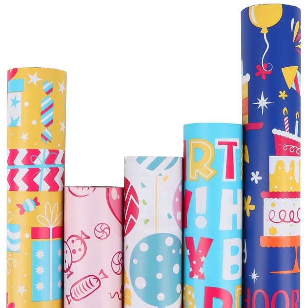 CCINEE Birthday Wrapping Paper, Large, Stylish, Extra Large Design, For Wrapping, Gift, Thick, Cute, 5 Rolls (Art Rolls, 5 Rolls, 43 x 300)
