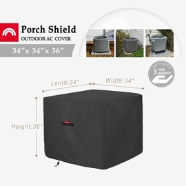 Porch Shield Waterproof AC Covers – Heavy Duty Square Air Conditioner Cover for Outside Unit Up to 34''L x 34'' x 36'', Black