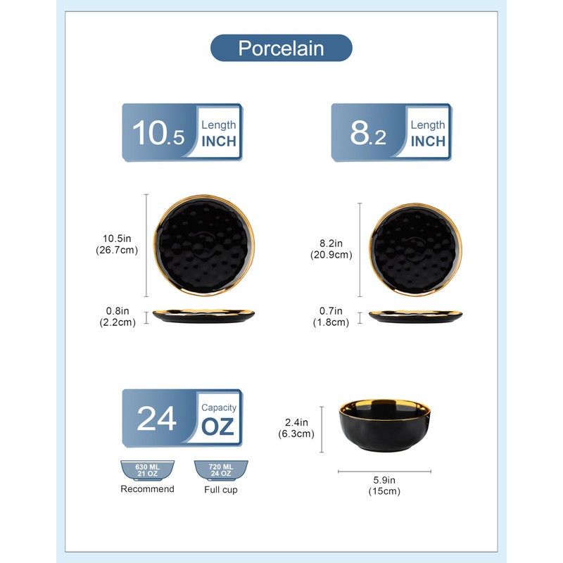 LOVECASA 12 Pieces Plates and Bowls Sets, Porcelain Black and