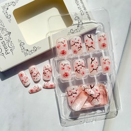 24Pcs Pink Flower Press on Nails Short Square Fake Nails Cherry Blossom False Nails with White Snowflake Design Full Cover Artificial Glue on Nails Spring Stick on Nails Cute Nail Supplies for Women