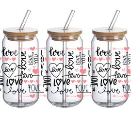 UV DTF Glass Can Wrap Transfer Decal- 3PCS Love and Heart Sublimation Design Craft Transfers, Waterproof Decal for 16oz Glass Cups - Ceramic Mug DIY Crafts, Valentine Gift