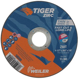 Weiler 58000 4-1/2" x 0.045" Tiger Zirc Type 1 Thin Cutting Wheel, Z60T, 7/8" A.H. (Pack of 25)