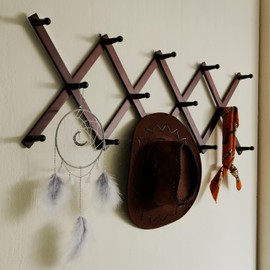 SKOLOO Hat Rack for Wall with 14 Hooks, Solid Wooden, Modern, Expandable Coat Rack Wall Mount for Coats, Hats, Bags, Baseball Caps, Cherry Red