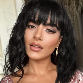 Black Wigs With Bangs Short Wavy Wig for Women 14 Inch Black Curly Shoulder Length Bob Wigs Synthetic fiber Hair for Daily Party Use