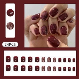 Valentines Day Nails - Valentines Press on Nails Short Fake Nails with Red Gloss Glitter Press ons Designs Acrylic Nails Press on Artificial Nails Stick on Nails For Women 24Pcs