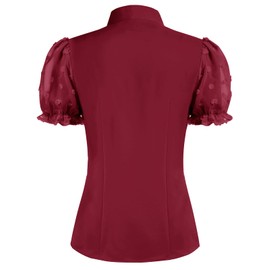 Belle Poque Women Elegant Vintage Bow Tie Neck Blouse Swiss Dot Tops Retro Puff Sleeve Button Down Shirts for Work Office, Red, L